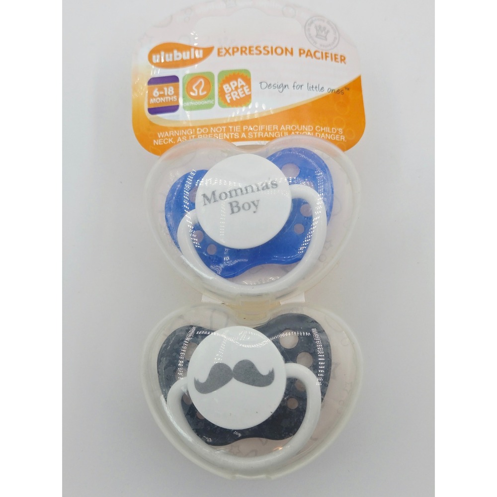 Ulubulu Expression Pacifier 2 Pack‎ Mommas Boy Mustache Blue 6-18 Months NEW